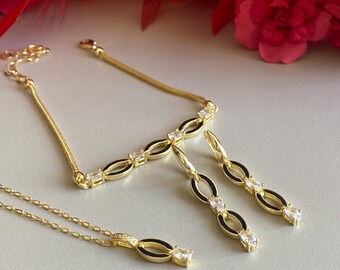 Conjunto de joyas de collar, pendientes y pulsera de oro negro, joyas minimalistas, regalos para ella, conjunto de joyas para mujer hecho a mano