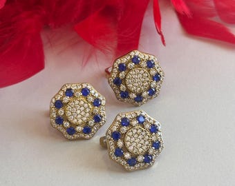 Sapphire Set, Authentic Set, Handmade Set Women, Turkish Handmade, Ladies Jewelry Set, Earring, Pendant, Ladies Set, 925k Sterling Silver