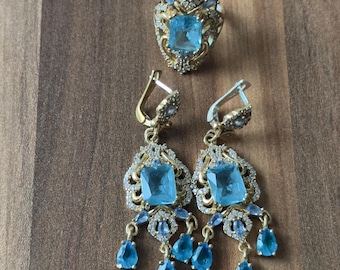 Conjunto de aguamarina, conjunto auténtico, conjunto de mujer hecho a mano, hecho a mano en Turquía, conjunto de joyas para mujer, pendientes, conjunto de mujer, plata de ley de 925 k, joyería,