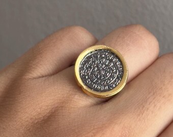 Handmade Antique Style Ring – Gold Plated Statement Ring with Ancient Symbol – Boho Protection Talisman Jewelry for Men & Women