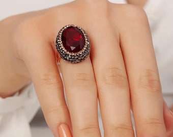 Ruby Ring, Handmade Women's Ring, Authentic Ring, Turkish Ring, Ottoman Women's Ring, Ladies Ring, 925k Sterling Silver Ring,