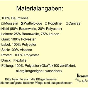 Puede incluir: Un gr&aacute;fico amarillo claro con el t&iacute;tulo "Material Specifications". Enumera las composiciones de las telas, incluyendo 100% algod&oacute;n, muselina, piqu&eacute; gofrado, popelina y lona. Otros materiales incluyen poli&eacute;ster, viscosa y flex foil.