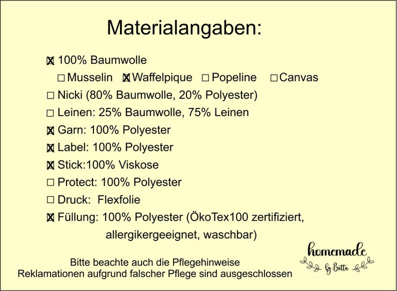 Puede incluir: Un gr&aacute;fico amarillo claro con el t&iacute;tulo "Material Specifications". Enumera las composiciones de las telas, incluyendo 100% algod&oacute;n, muselina, piqu&eacute; gofrado, popelina y lona. Otros materiales incluyen poli&eacute;ster, viscosa y flex foil.