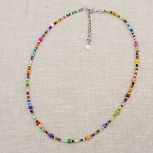 Rainbow seed bead and glass pearl choker necklace | Small and large multicoloured glass seed beads with glass pearls