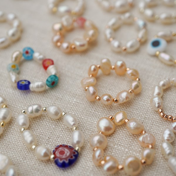 Pearl rings | freshwater pearl rings | gold, silver, rose gold rings | millefiori and pearl rings | minimalist rings | pearl adjustable ring