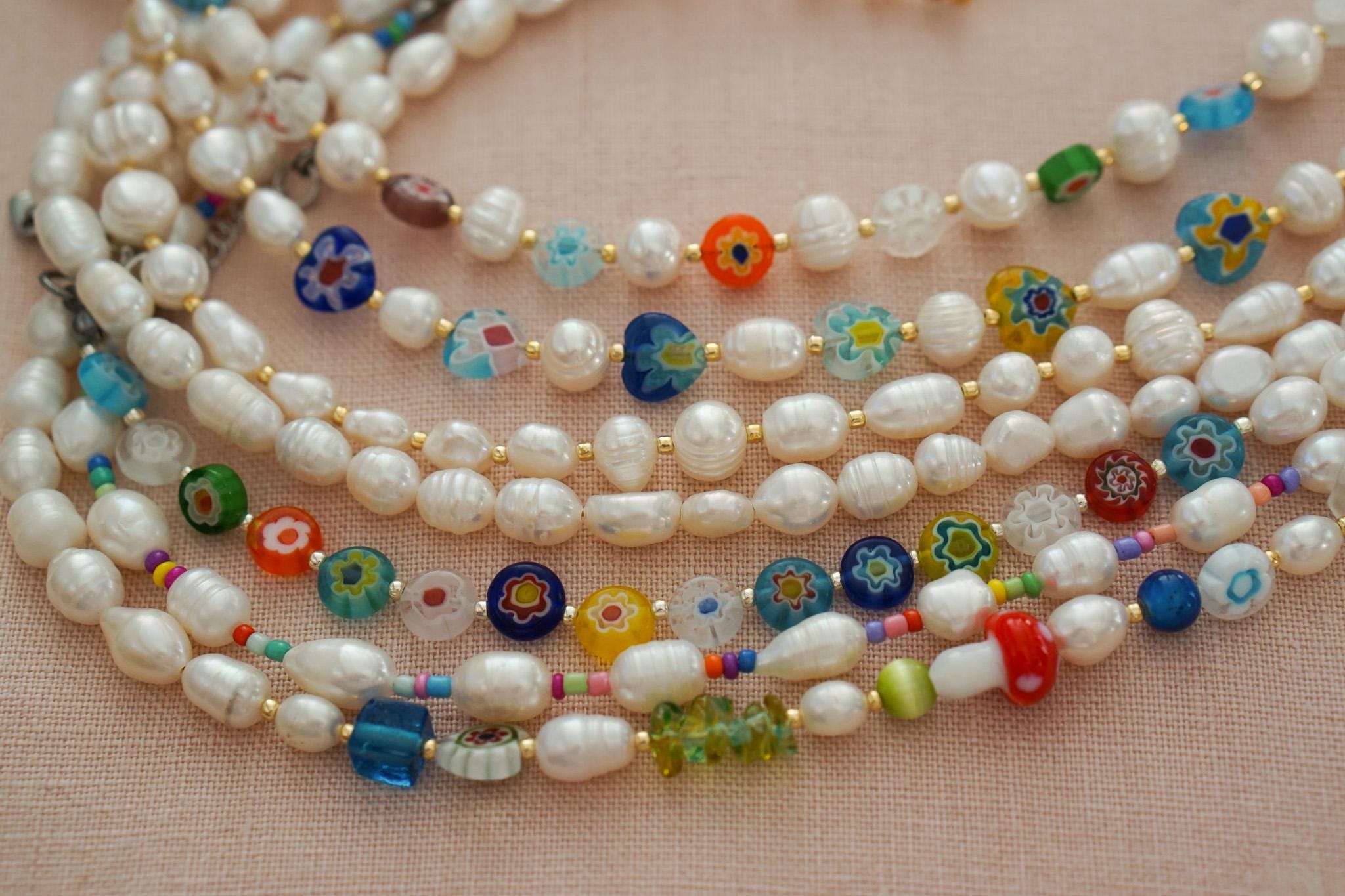 Freshwater pearl necklace | millefiori bead necklace | pearl and rainbow necklace | genuine freshwater pearl | gold and silver pearl