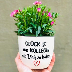 Könnte beinhalten: Weißer Keramiktopf mit rosa Blüten und dem Text "Glück ist eine Kollegin wie Dich zu haben" mit einem roten Herz.