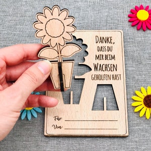 Grußkarte aus Holz mit Blume - Abschiedsgeschenk Erzieher - Lehrer - Danke, dass du MIR / UNS beim Wachsen geholfen hast - personalisiert