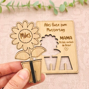 Muttertag Grußkarte aus Holz mit 3D Blume - nachhaltiges Muttertagsgeschenk - personalisiert mit Kindernamen - Geschenk für Mama - Oma