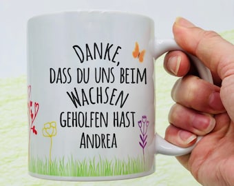 Tasse weiß personalisiert - "Danke, dass du mir / uns beim Wachsen geholfen hast" - Abschiedsgeschenk Lehrer/in, Erzieher/in, Tagesmutter