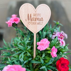 Blumenstecker Herz graviert - Muttertag Geschenk aus Holz - Deko Blumentopf - Blumenschild Muttertag - Geschenkidee Mama Oma personalisiert