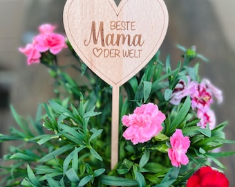 Blumenstecker Herz graviert - Muttertag Geschenk aus Holz - Deko Blumentopf - Blumenschild Muttertag - Geschenkidee Mama Oma personalisiert