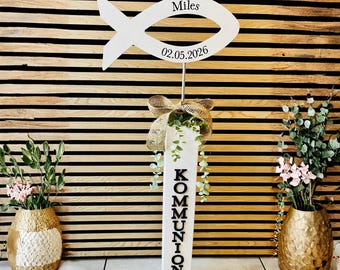 Decoratie voor de communie: visstandaard, hout - visstele - vis voor vormsel, doop - visstandaard voor aan de deur - handgemaakt, gepersonaliseerd