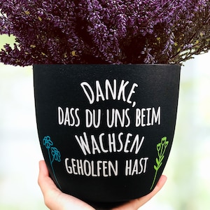 Large black flowerpot &quot;Thank you for helping me/us grow&quot; - farewell gift for teachers or educators - 18 cm plant pot