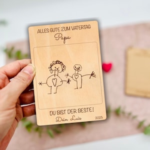 Vaderdag cadeau houten kaart gegraveerd met kindertekening - houten bord met foto - kinderschilderij gegraveerd op hout vader - opa - gepersonaliseerd