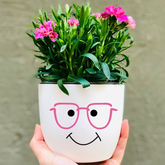 Blumentopf lustiges Gesicht mit Brille - Geschenk Blumenliebhaber - fröhlicher Pflanztopf - Übertopf Gesicht - Geschenk Freundin Kind