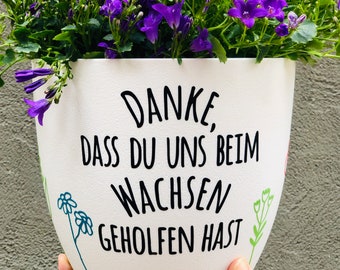 großer Blumentopf weiß "Danke, dass du mir/uns beim Wachsen geholfen hast" - Abschiedsgeschenk Lehrer oder Erzieher - 18cm Pflanztopf