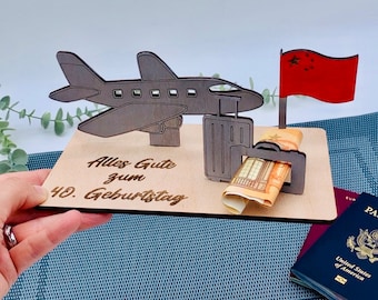 Holzkarte Geldgeschenk Reiseliebhaber - Reisegeschenk 3D Holzgrußkarte - Wunscherfüller Flugzeug - personalisiert