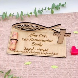 Houten kaart geld cadeau doop - communie - bevestiging - wensvervuller - vis - kruis - gepersonaliseerd - wenskaart communie geld cadeau