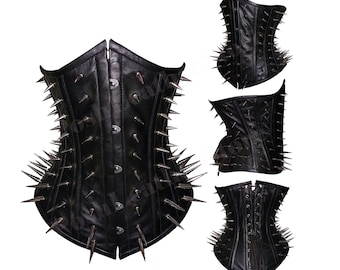 Heavy Duty Steel Boned Genuine Leather Black Corset Spikes Goth Style Under bust style Real Leather Black Corset