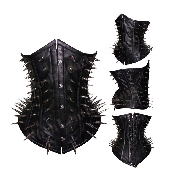 Heavy Duty Steel Boned Genuine Leather Black Corset Spikes Goth Style Under bust style Real Leather Black Corset