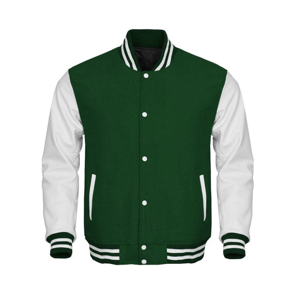 Varsity Letterman Baseball-Bomberjacke, hochwertige dunkelgrün-weiße Wolle und Lederärmel