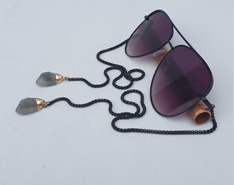 Handmade Chain Arm Aviator Sunglasses with Black Chain and Grey Polymer Pendants.