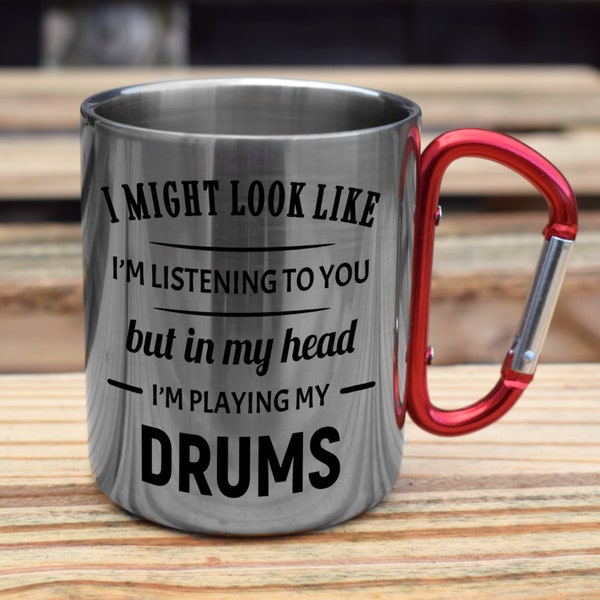 Ik speel mijn drums grappige karabijnhaak steel koffie mok grap slogan thee kopje koffie verjaardagscadeau voor drummer drums cadeau drummen