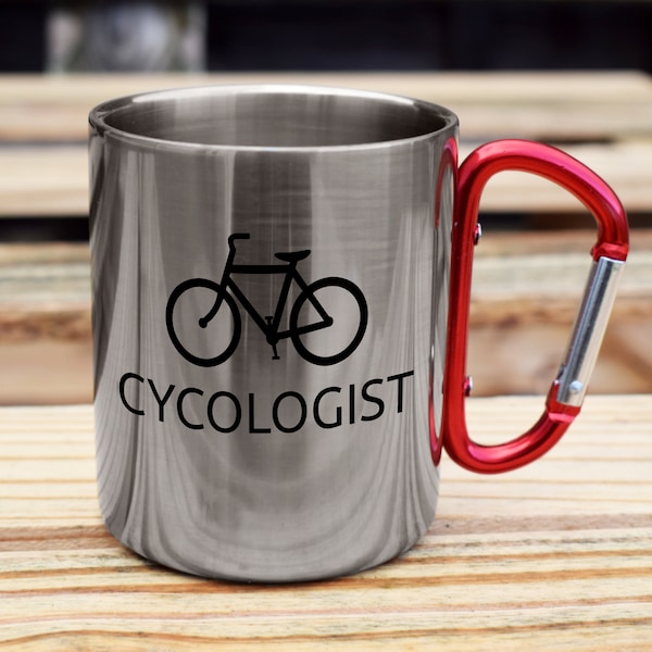 Cycologist cycling cyclist psychologist joke funny carabiner steel coffee mug joke slogan tea cup coffee birthday gift bicycle joke