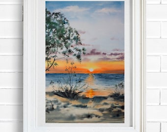 Originele Baltische zonsopgang aquarel zeegezicht schilderij (15 x 22")