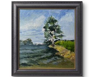 Klein origineel Paletmes schilderij olieverfschilderij River Birch 5,9"x5,9" Miniatuur van boomoliekunstwerken, minilandschapsschilderkunst, geschenken