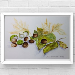 Dipinto ad acquerello originale Castagne 10"x14" Natura morta dipinto ad acquerello originale, dipinto di natura morta di castagne, regalo di arte murale