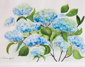 オリジナルのアジサイの水彩画：手作りの青い花の壁アート（22x30