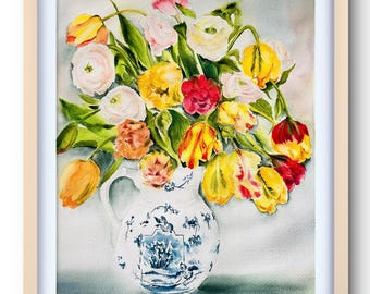 オリジナルチューリップ水彩画：小さな花のアートワーク（8x6） - Etsy