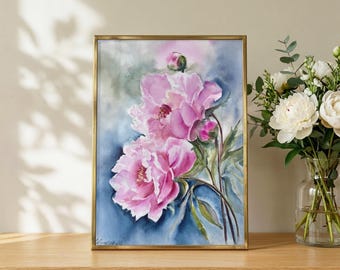 Pink Peonies Blossoming Original Watercolor Floral Painting 12"x16" Summer Flowers Wall Art