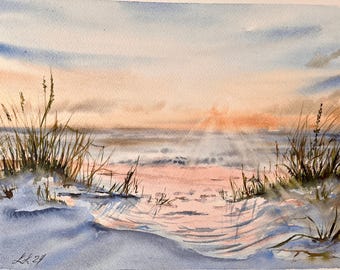 Aquarel schilderij van een zonsondergang boven zee: Kustlandschap (11x15)