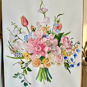 Ritratto originale di bouquet da sposa dipinto 12"x16", bouquet su commissione, bouquet da sposa dipinto, bouquet da sposa acquerello, regalo di fiori per matrimonio