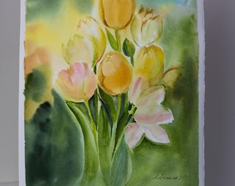 チューリップとカラー　水彩画 水彩画]チューリップの花を透明水彩で描く/watercolorpainting