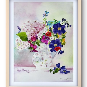 Bouquet estivo in una brocca 12"x16" Dipinto ad acquerello originale Dipingere fiori Bouquet di ortensie dipinto Arte murale fiori Regali