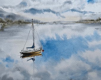 Original Seascape Watercolor Painting, Cloud Reflection, 11x15"