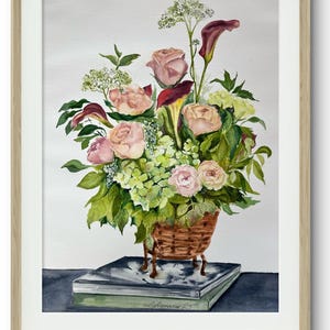 Dipinto originale di rose e gigli di Calla, acquerello 12"x16", natura morta floreale, dipinto di gigli di Calla, fiori da matrimonio, regalo per la mamma