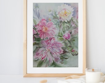 Rosa Pfingstrosen Aquarell Malerei, Original Gemälde, blühende Pfingstrosen (11x15)