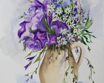 【新品未使用】花瓶と花の水彩画アート 中国の花瓶の花、花の水彩画、花束の壁アート、花瓶のピンクの花の
