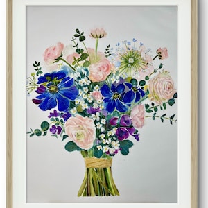 Dipinto personalizzato di bouquet da sposa ad acquerello, regalo per anniversario di matrimonio, regalo personalizzato per la sposa, commissione di bouquet da sposa