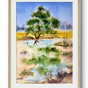 Dipinto originale ad acquerello di paesaggio: Quercia sul ruscello (28x38 cm)