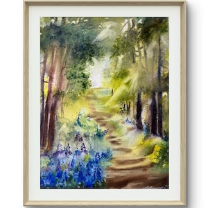 Original watercolor painting Sunny Forest 12&quot;x16&quot;, Original watercolor misty forest, watercolor tree drawing, watercolor landscape