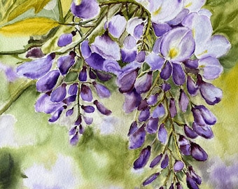 Original-Aquarellgemälde mit Glyzinienmotiv, botanische Blumendekoration, 11 x 15 Zoll