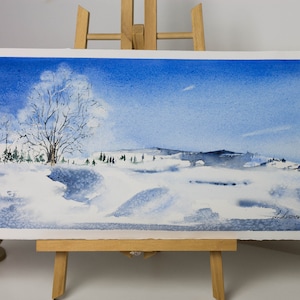 Watercolor painting Winter scene from Freiburg 8&quot;x16&quot;  Original art Nature landscape painting Mountains painting, winter mountains, gift