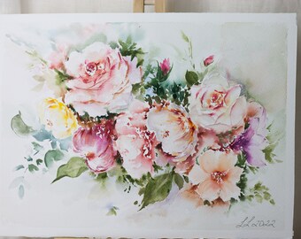 オリジナルバラの水彩画、花のアートワーク 11x15インチ - Etsy 日本