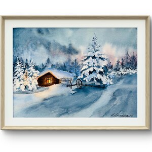 Watercolor painting original Winter scene 11"x15" watercolor painting winter trees Painting snow scene, Winter house, Christmas gift